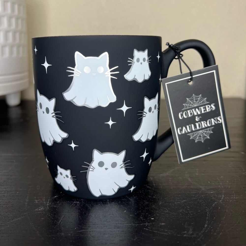 NEW Cobwebs & Cauldrons Halloween Black Ghost Cats Soft Touch Mug